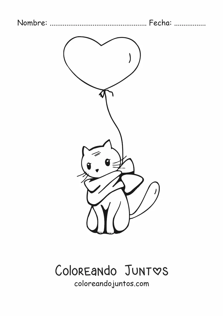 Imagen para colorear de un gato kawaii sentado con una bufanda y un globo con forma de corazón