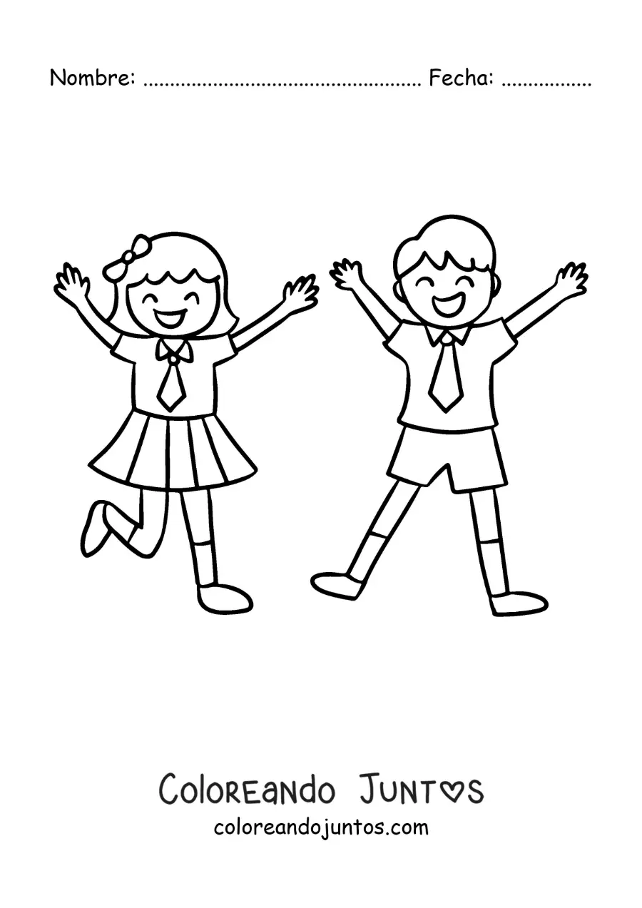 Imagen para colorear de dos niños con uniforme escolar animados