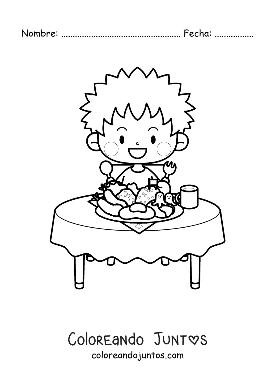 Imagen para colorear de un niño animado sentado a la mesa con un plato de comida