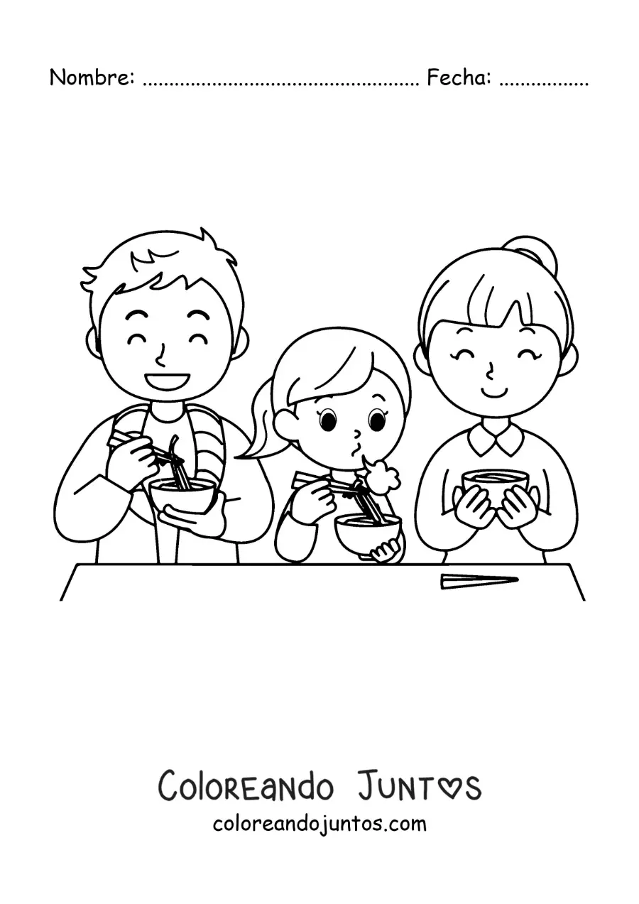 Imagen para colorear de una familia sentada a la mesa comiendo