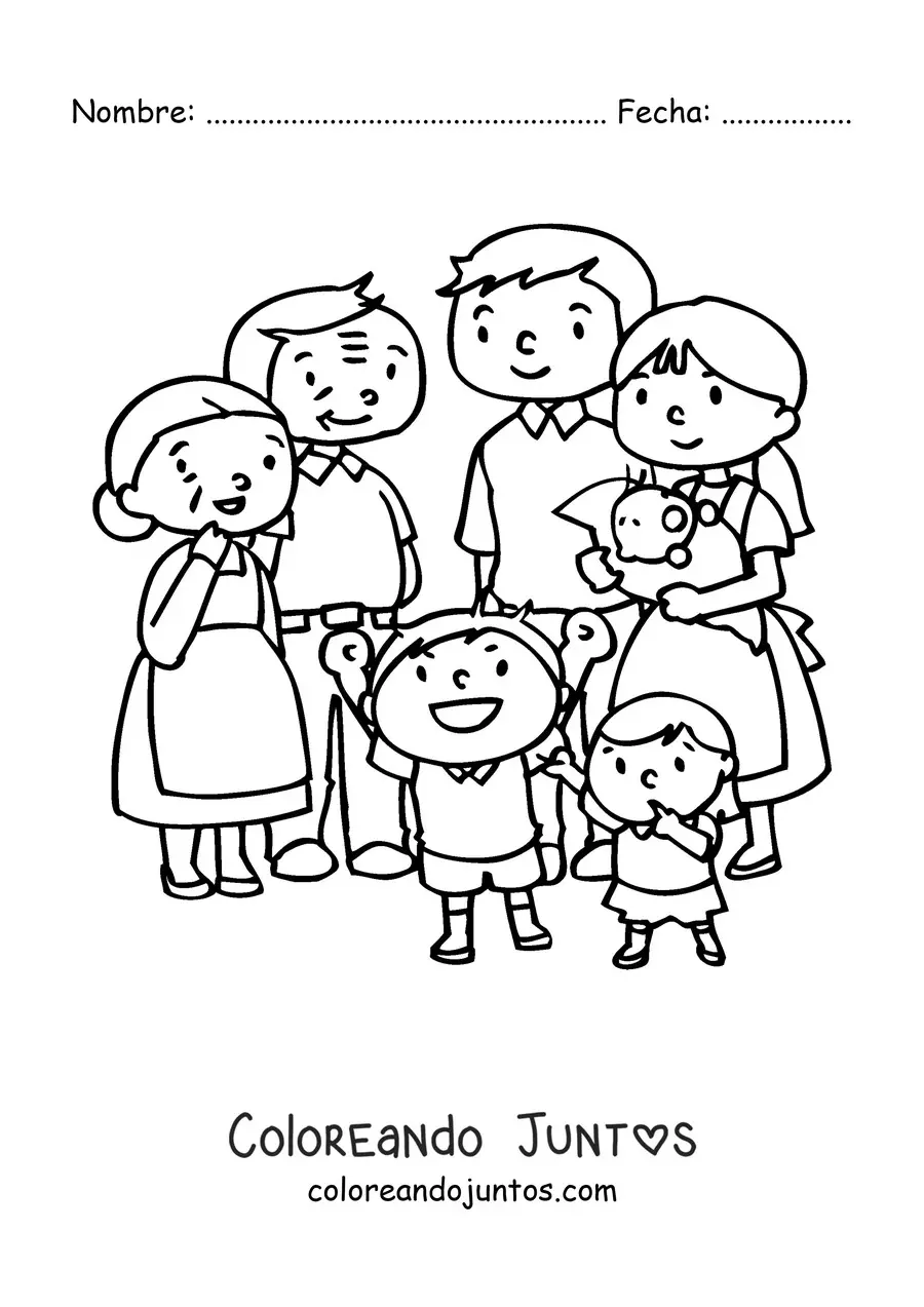 Imagen para colorear de un papá una mamá dos niños y un bebé recibiendo a un par de abuelos