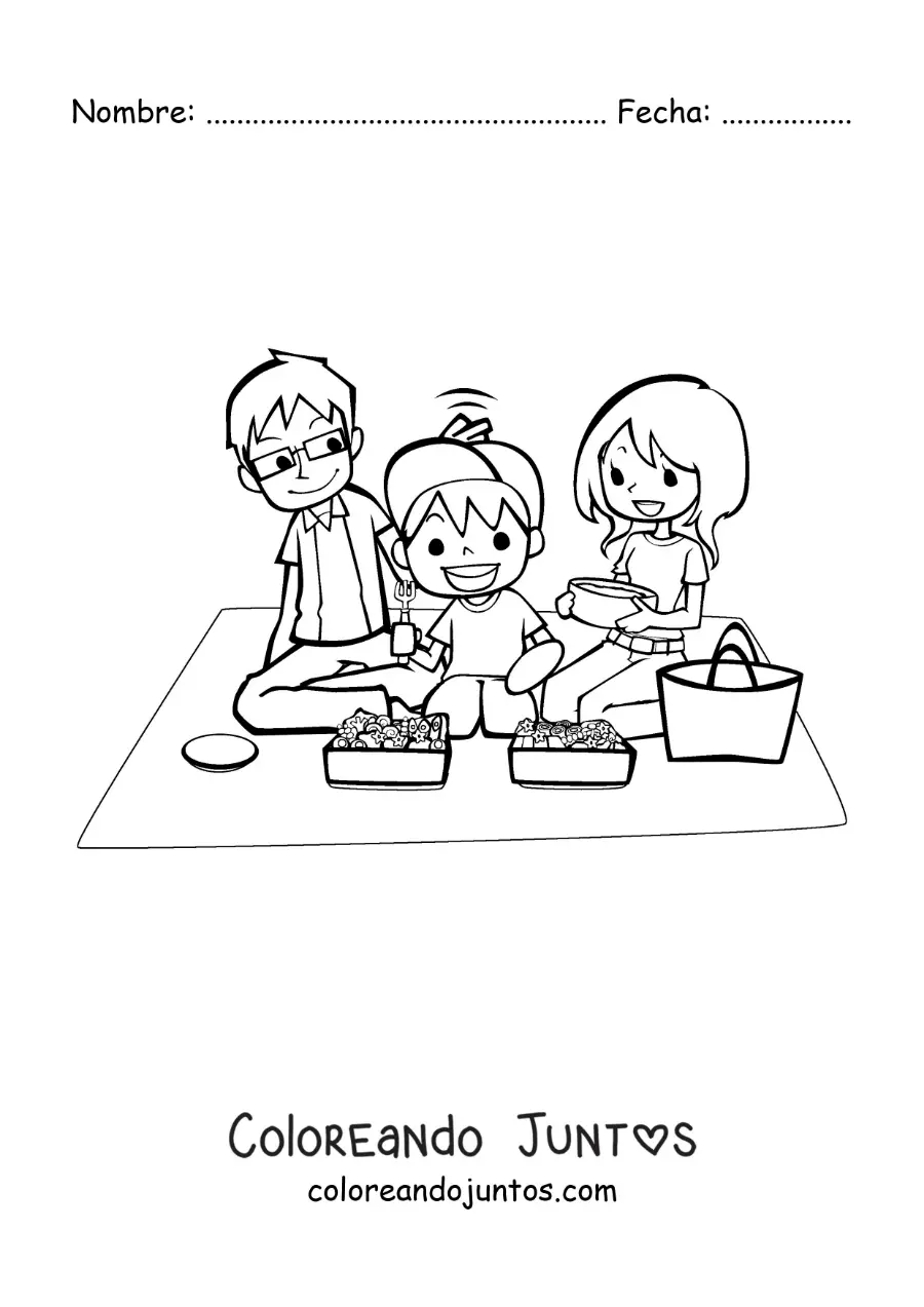 Imagen para colorear de un niño y sus padres comiendo en un picnic
