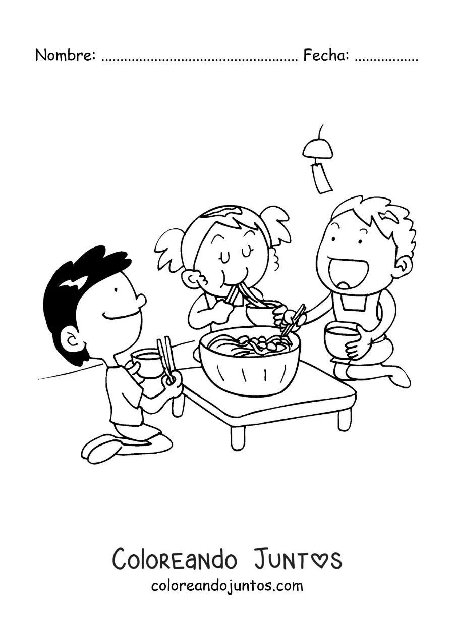 Imagen para colorear de niños sentados comiendo comida asiática
