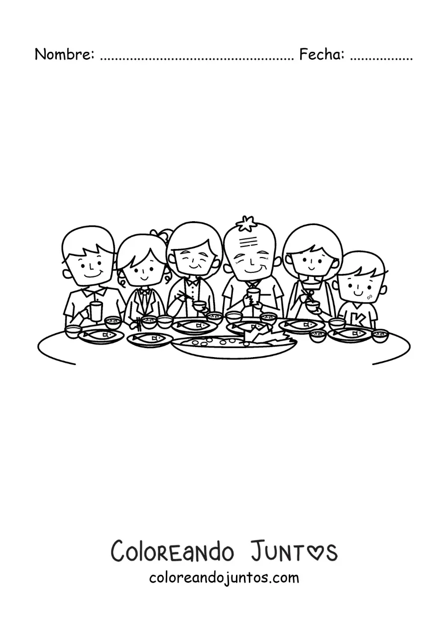 Imagen para colorear de una gran familia animada comiendo en la mesa