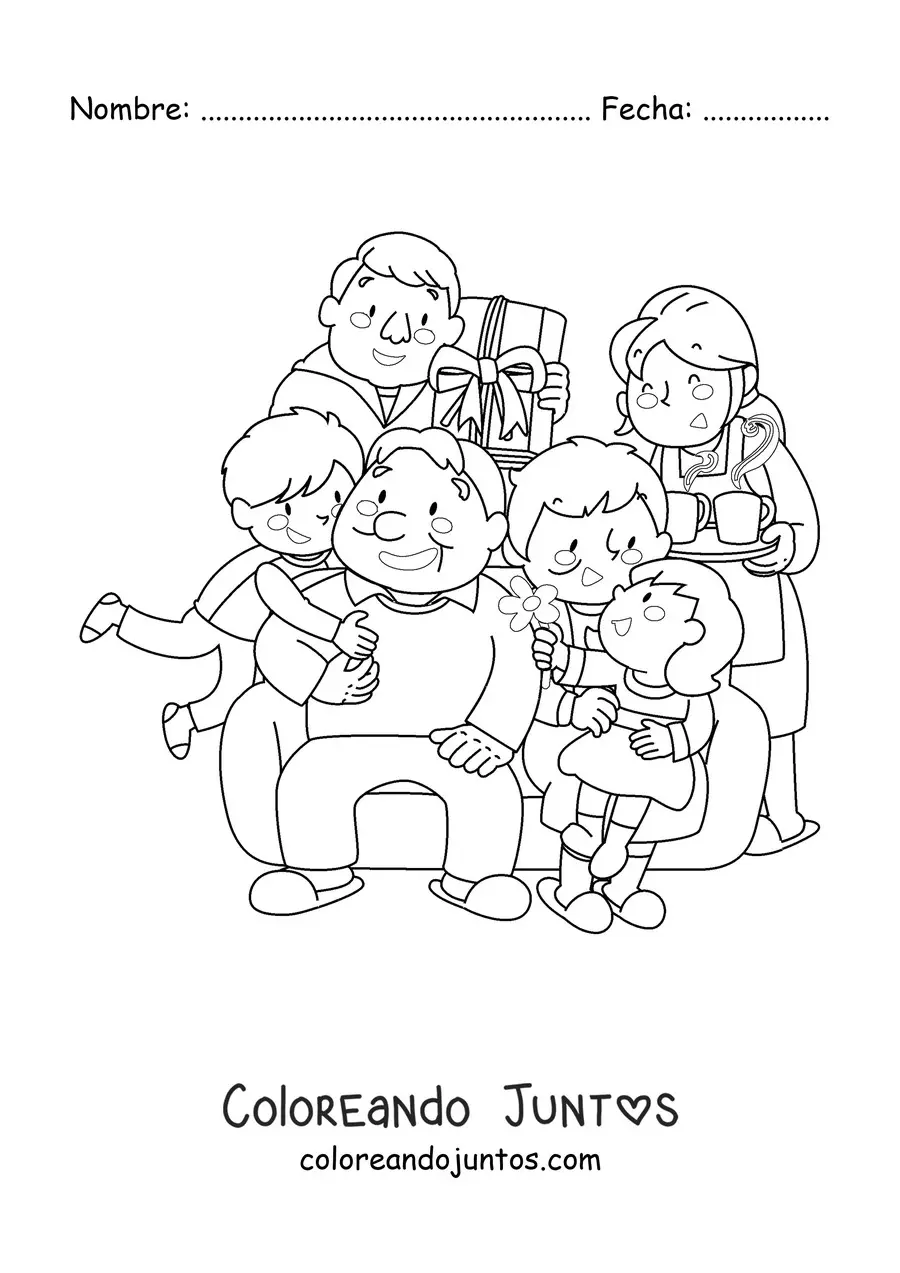 Imagen para colorear de un papá una mamá y dos niños rodeando a un par de abuelos