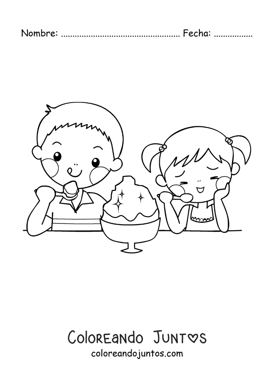 Imagen para colorear de dos niños kawaii comiendo helado