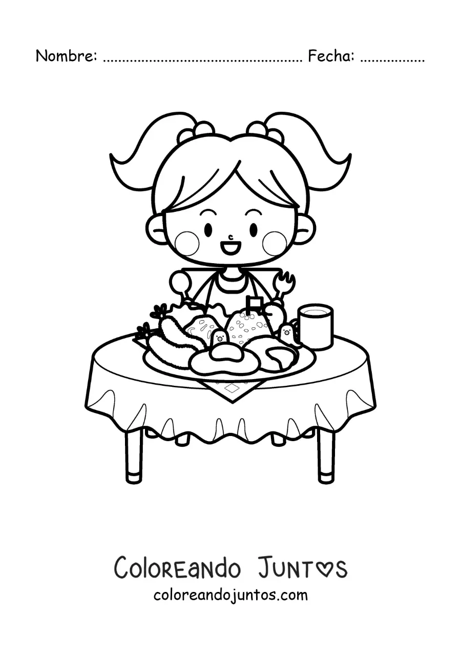 Imagen para colorear de una niña kawaii sentada a la mesa con un plato de comida