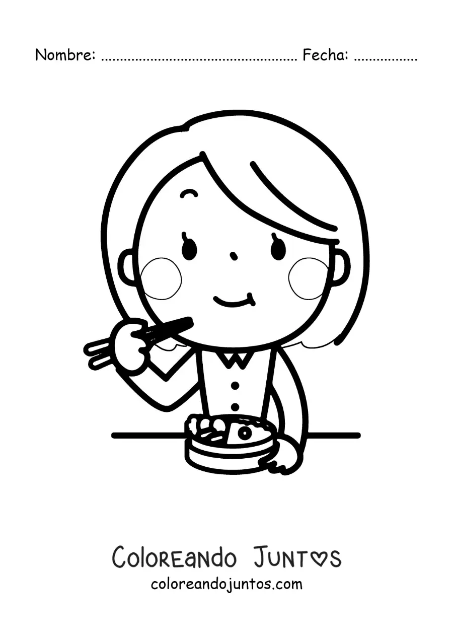 Imagen para colorear de una mujer kawaii comiendo con palillos