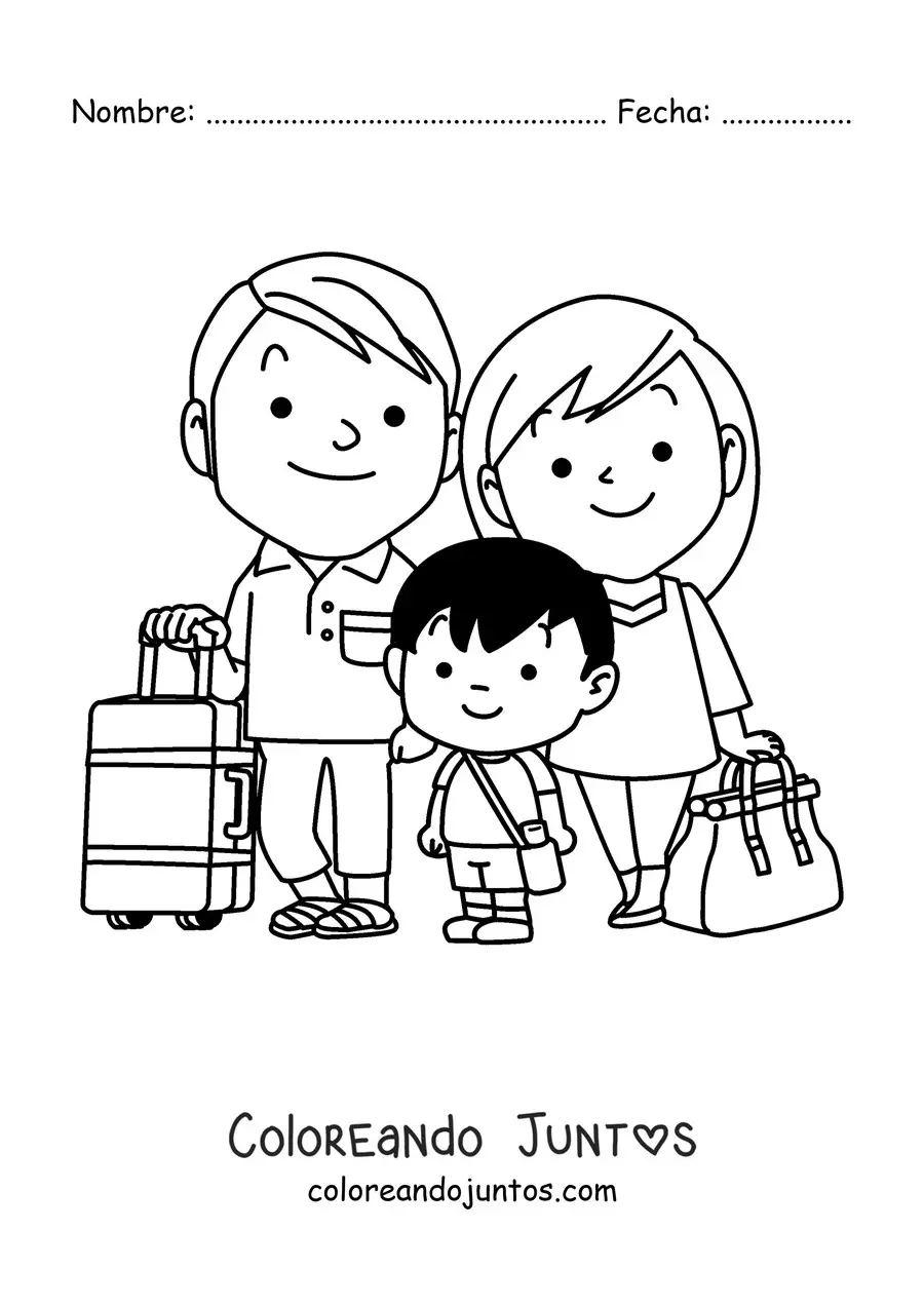 Imagen para colorear de una familia nuclear con equipaje de viaje