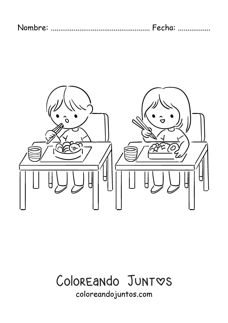 Imagen para colorear de dos niños comiendo el almuerzo en la escuela