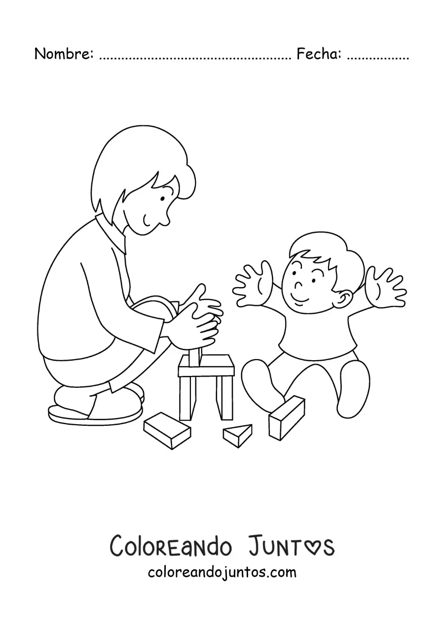 Imagen para colorear de una madre jugando con su hijo pequeño