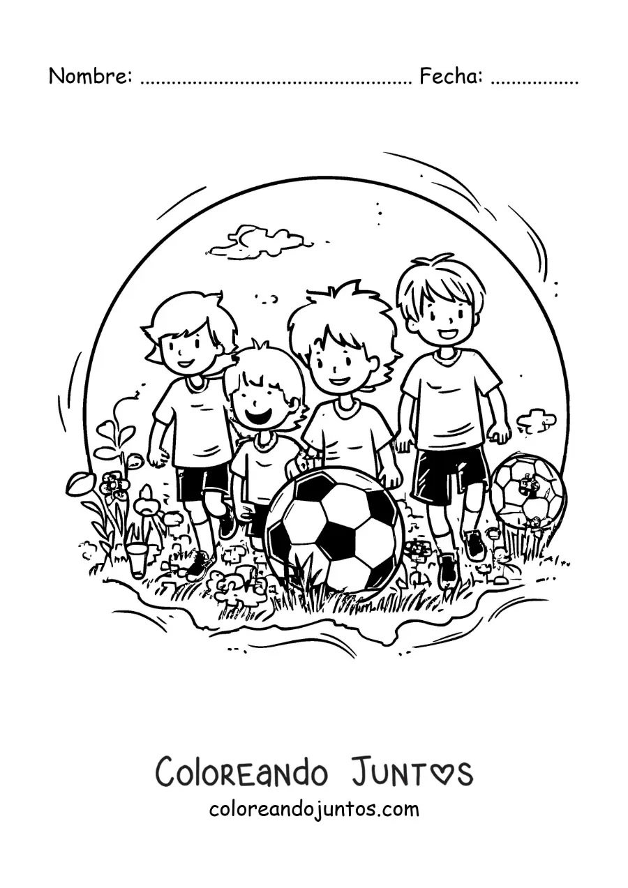 Imagen para colorear de un grupo de niños jugando fútbol