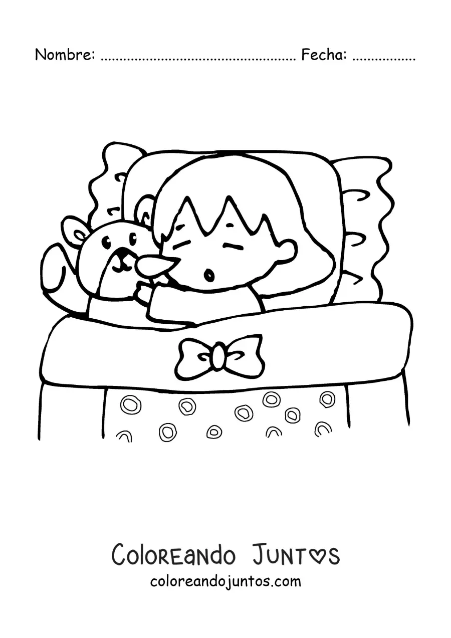 Imagen para colorear de una niña durmiendo con su oso de felpa en la cama