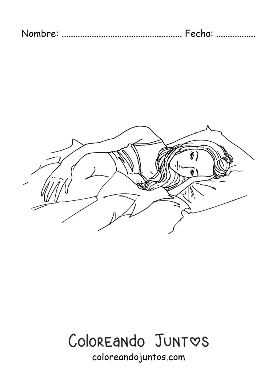 Imagen para colorear de una chica anime durmiendo en su cama
