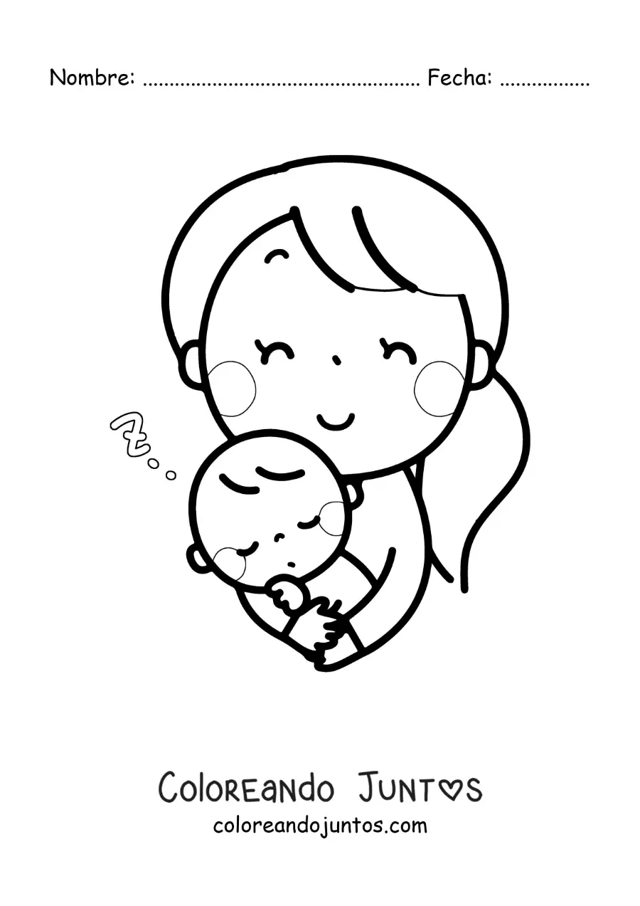 Imagen para colorear de una madre durmiendo a su bebé en brazos