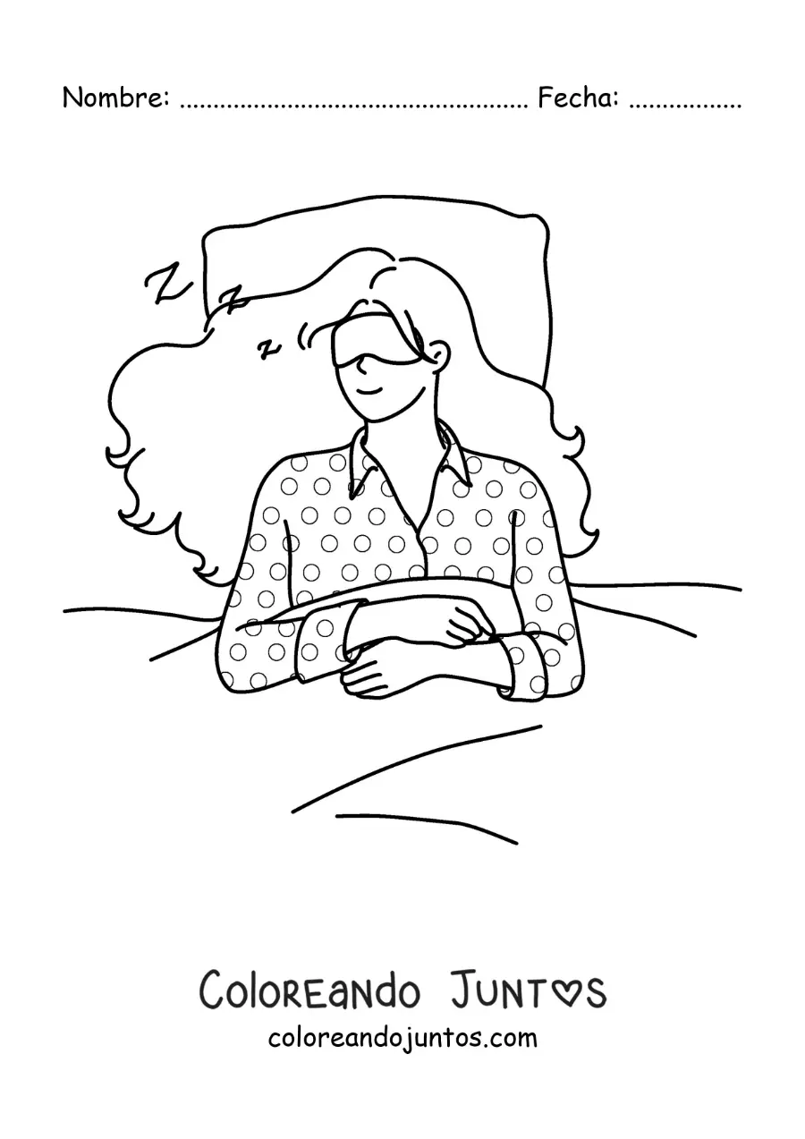 Imagen para colorear de una chica durmiendo en su cama con antifaz