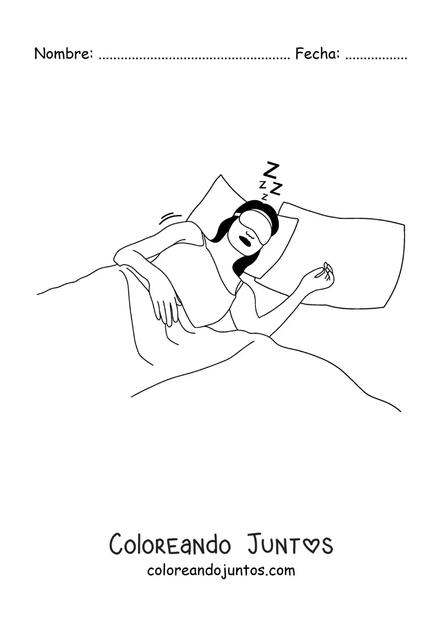 Imagen para colorear de una mujer dormida en la cama con antifaz