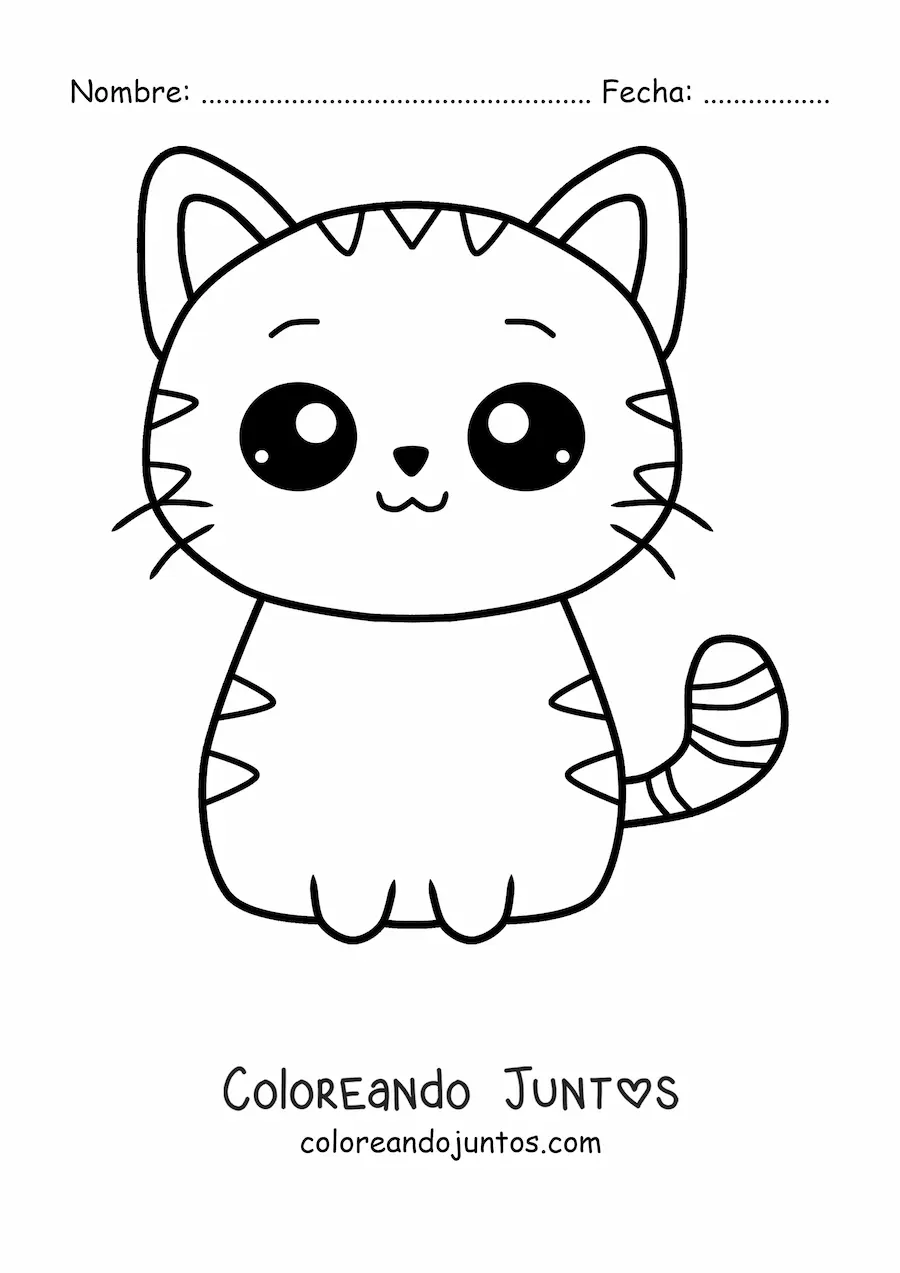 Imagen para colorear de un gato kawaii a rayas sentado