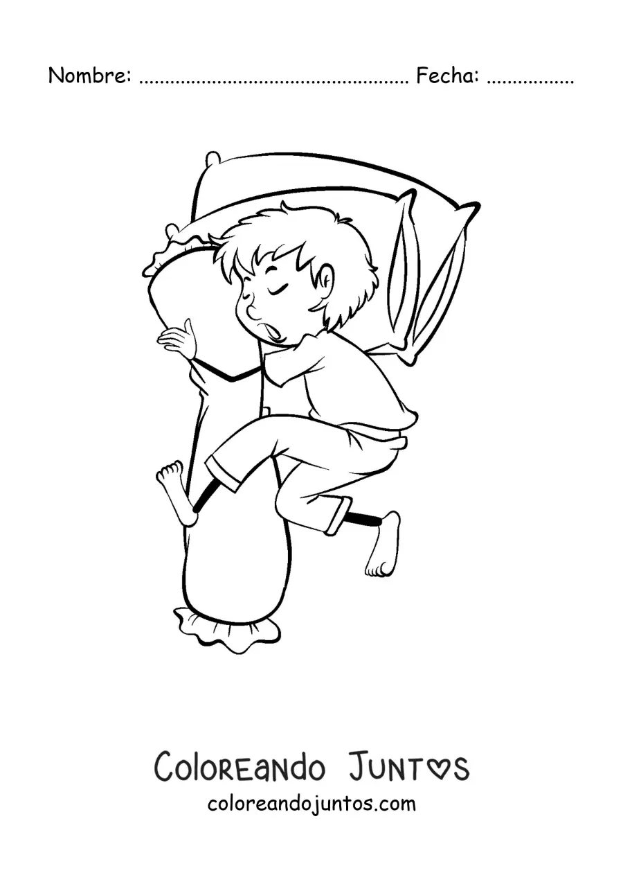 Imagen para colorear de un niño animado durmiendo abrazando una almohada