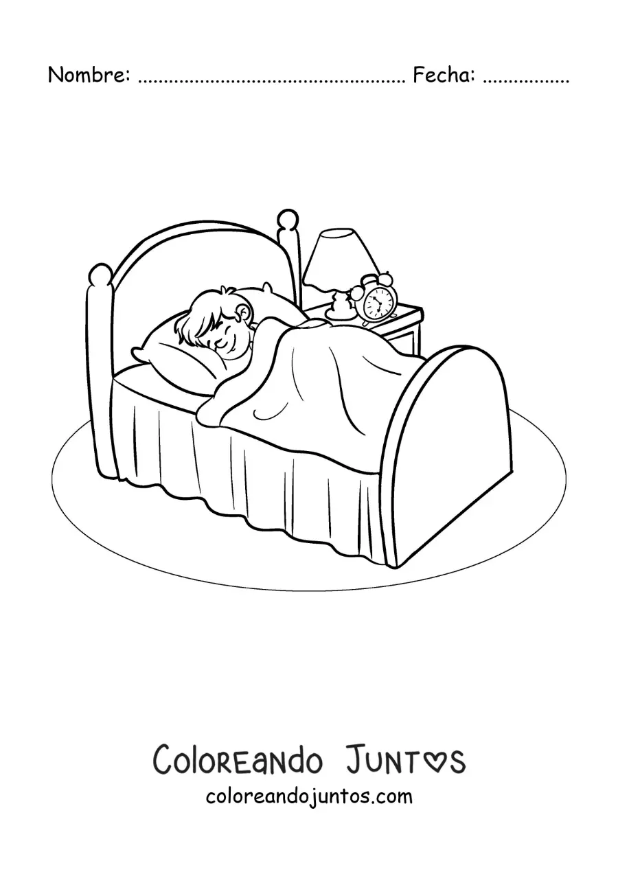 Imagen para colorear de un niño animado durmiendo en su habitación con un despertador