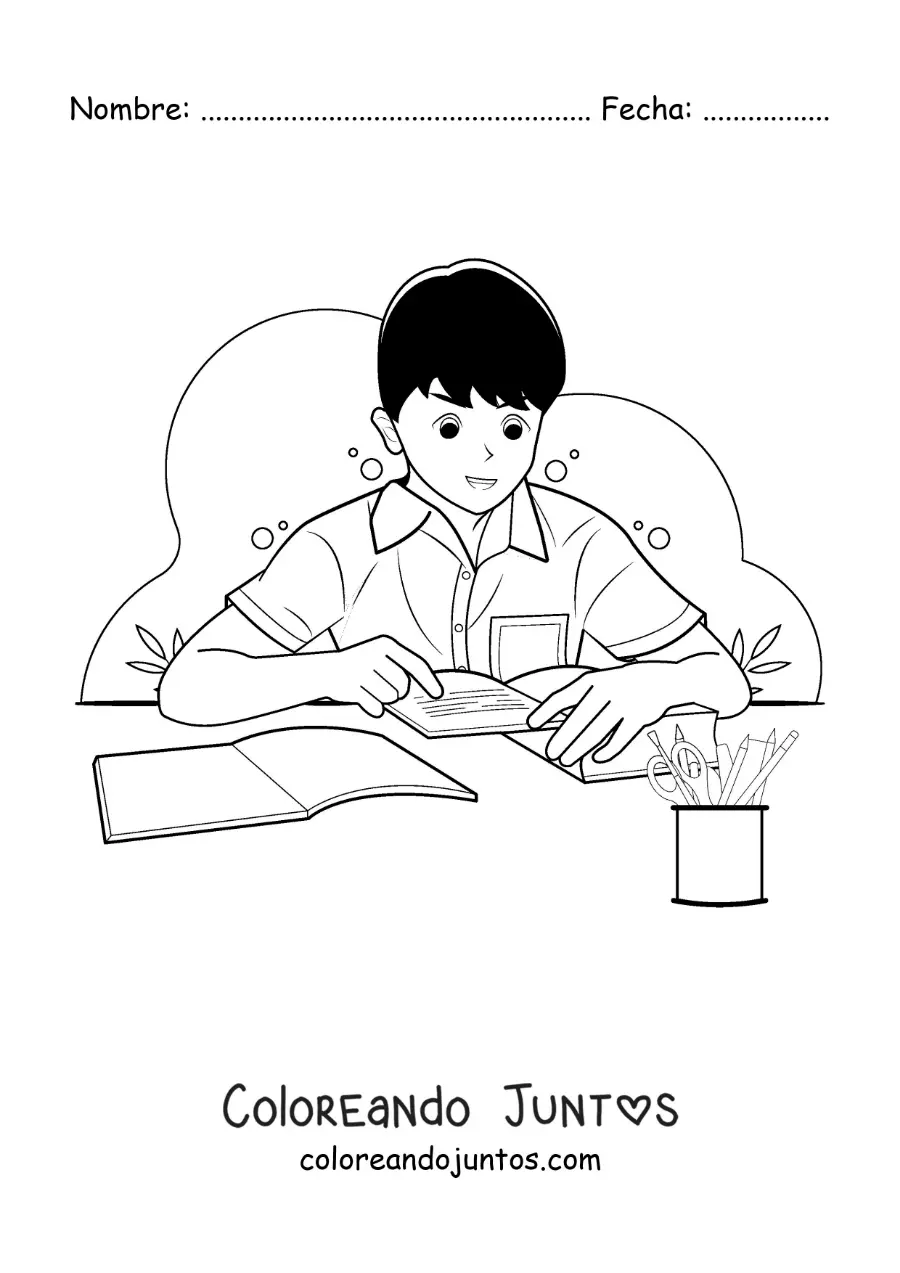 Imagen para colorear de un niño con uniforme estudiando de un libro