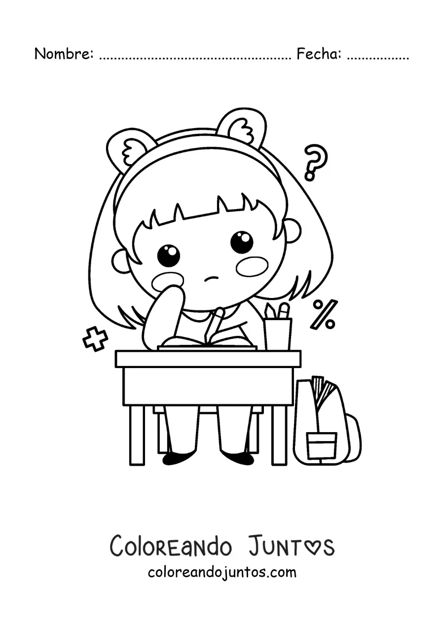 Imagen para colorear de una niña kawaii haciendo su tarea de matemática en un pupitre