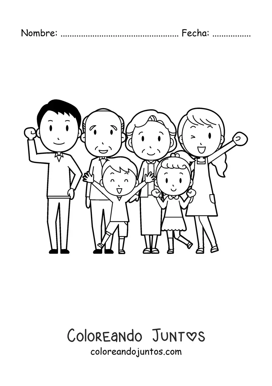 Imagen para colorear de una familia de seis miembros