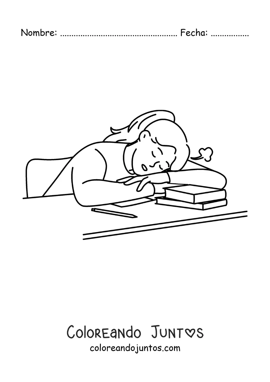 Imagen para colorear de una niña dormida en la mesa después de hacer sus deberes