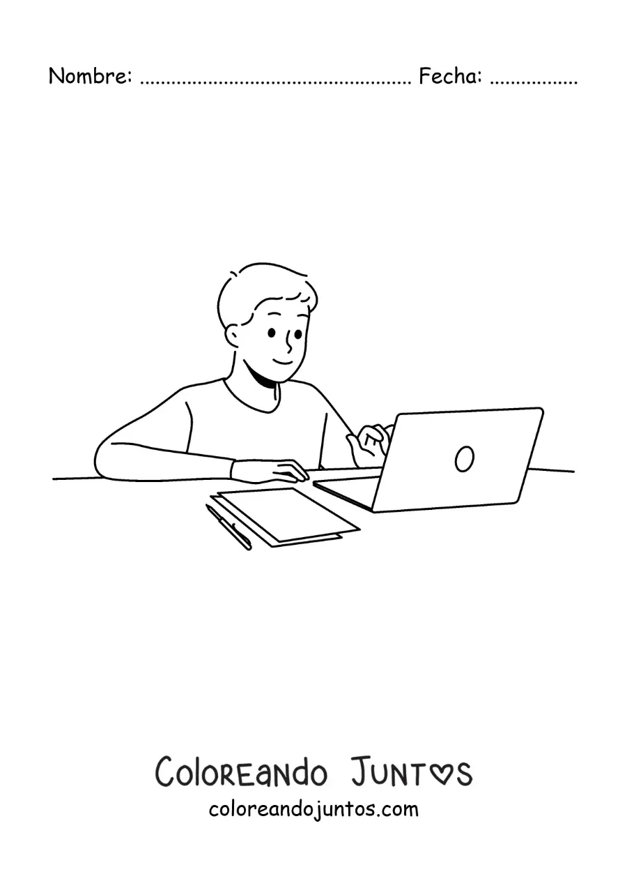 Imagen para colorear de un niño investigando para sus deberes con una laptop