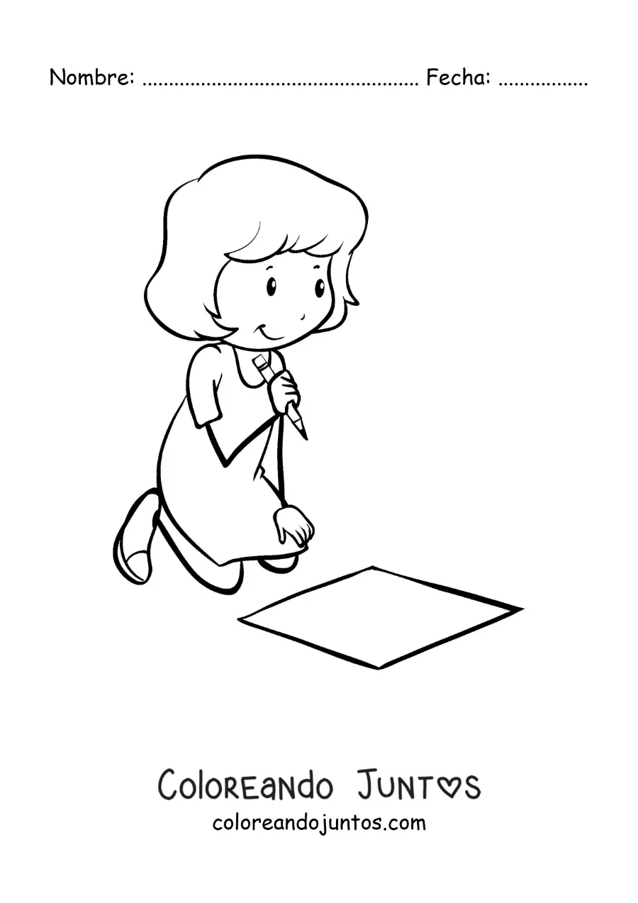 Imagen para colorear de una niña escribiendo en el piso