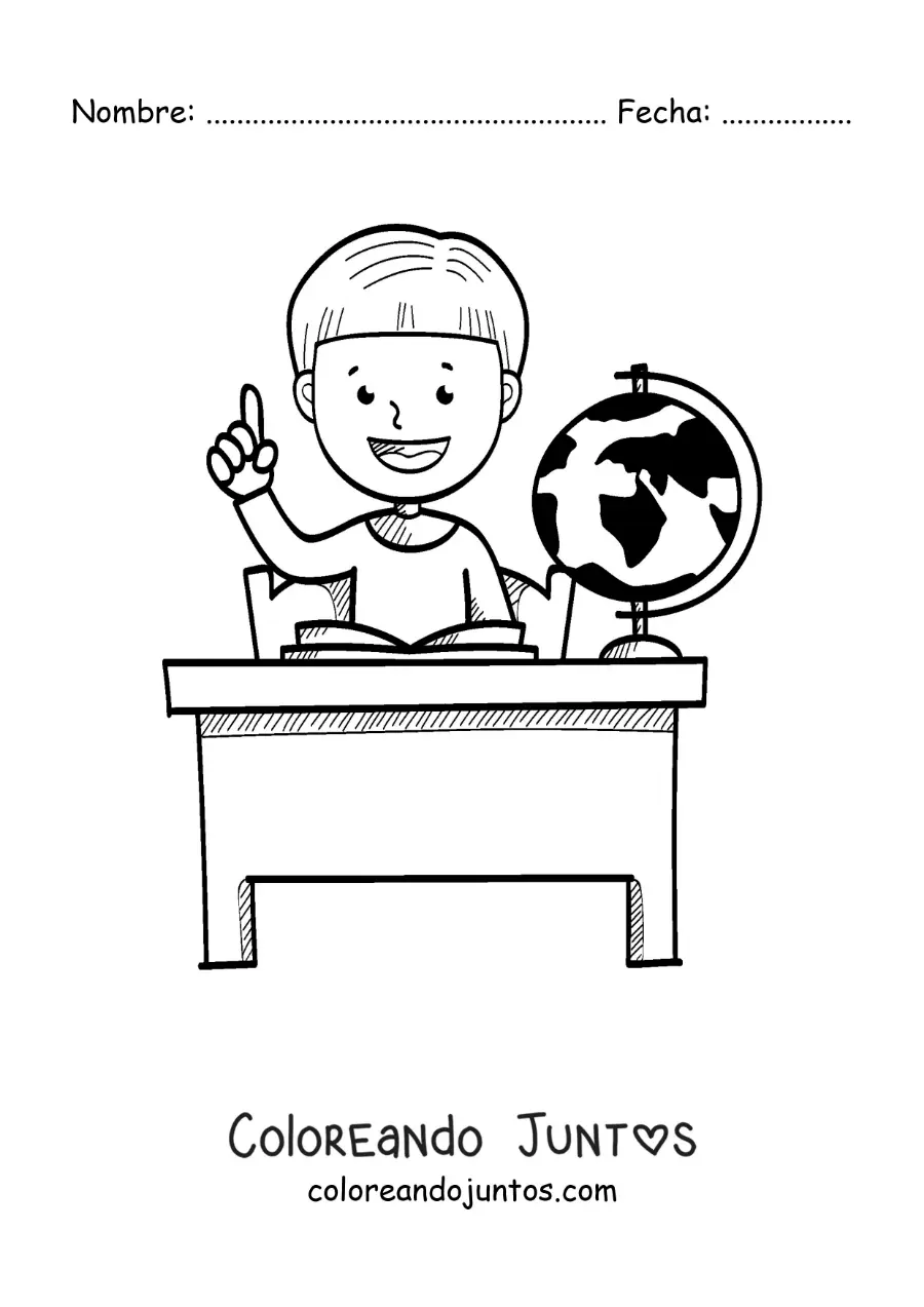 Imagen para colorear de un niño levantando la mano en un escritorio