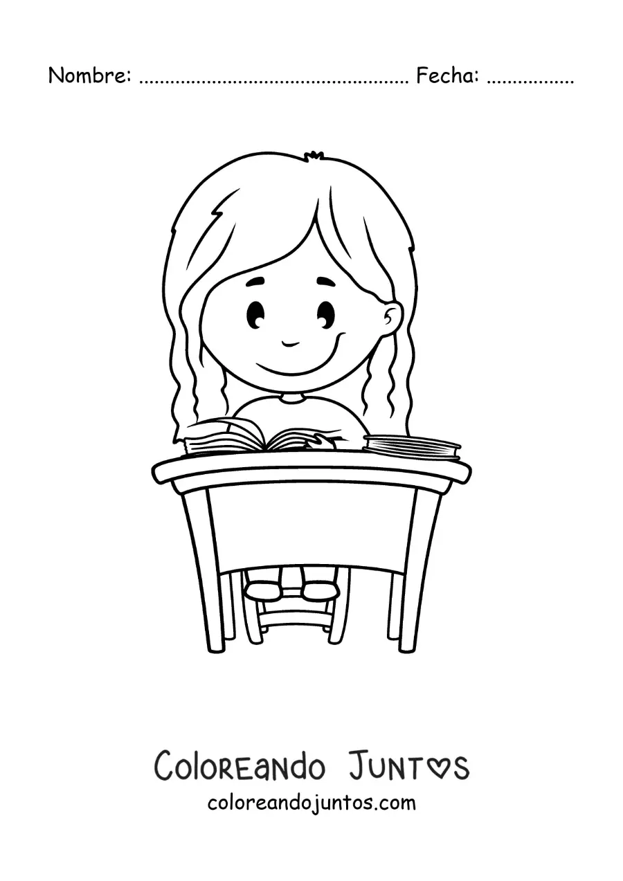 Imagen para colorear de una niña sentada estudiando en un escritorio