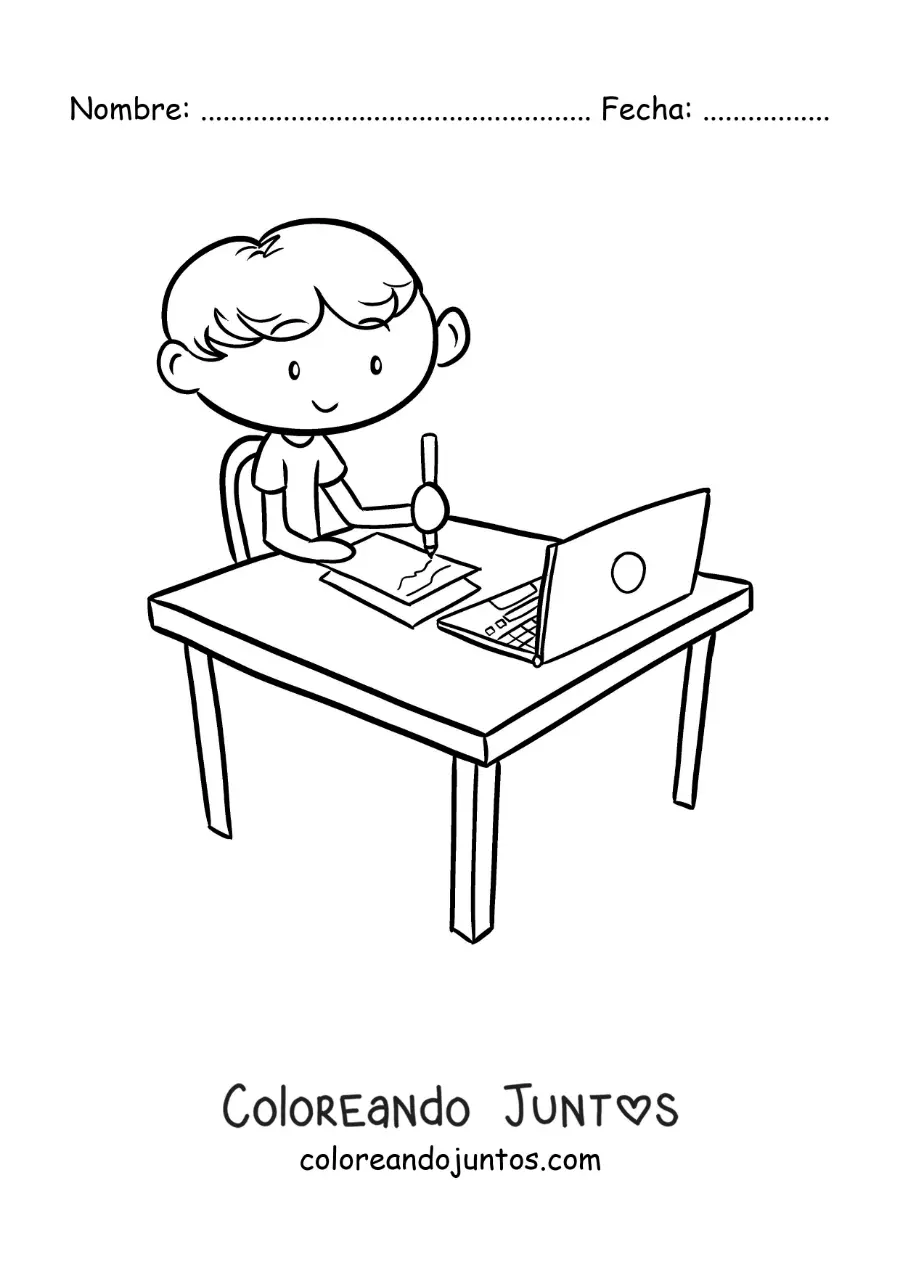 Imagen para colorear de un niño sentado escribiendo frente a una computadora