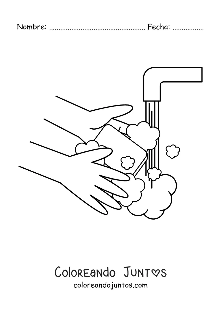 Imagen para colorear de un par de manos con jabón y espuma bajo el chorro de agua