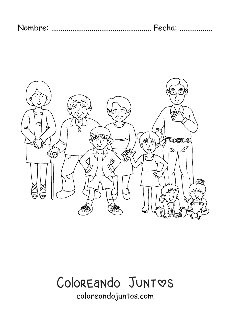 Imagen para colorear de una familia numerosa con cuatro niños y dos abuelos