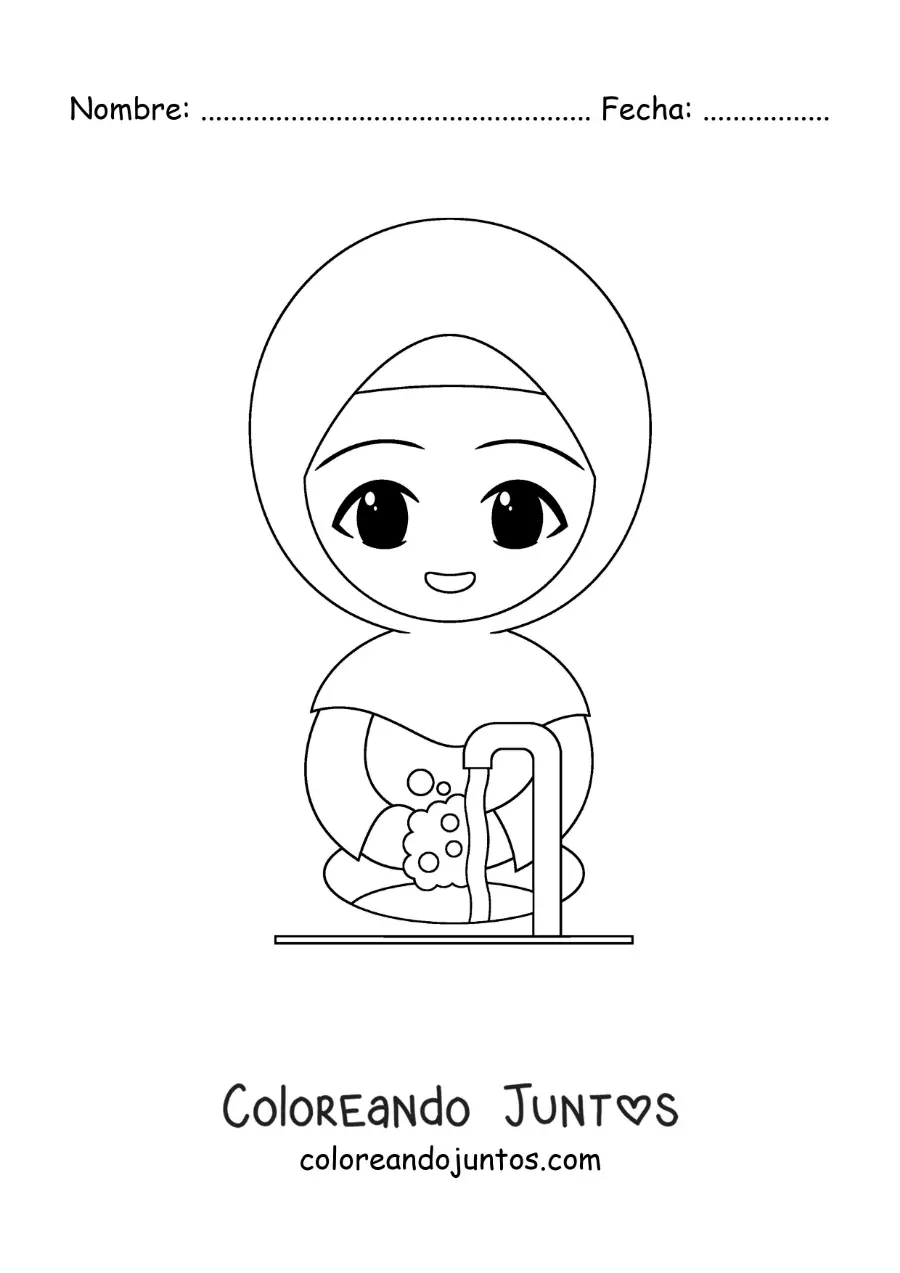 Imagen para colorear de una niña con hijab lavando sus manos