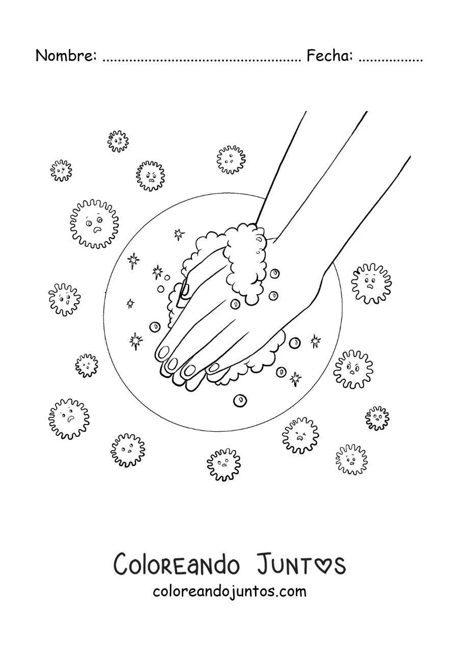 Imagen para colorear de un par de manos con espuma protegidas de un virus animado