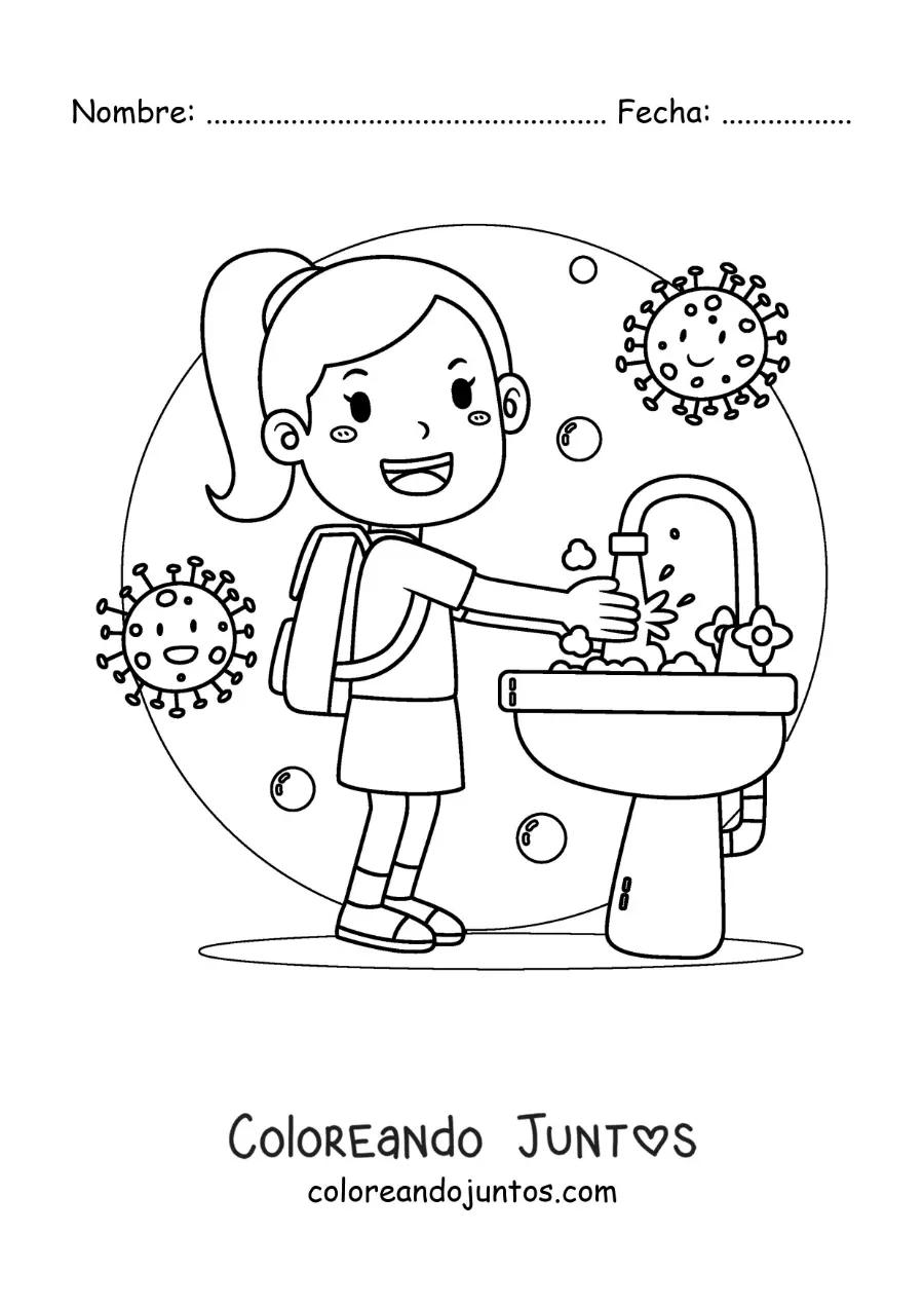 Imagen para colorear de una niña lavando sus manos en la escuela para prevenir enfermedades