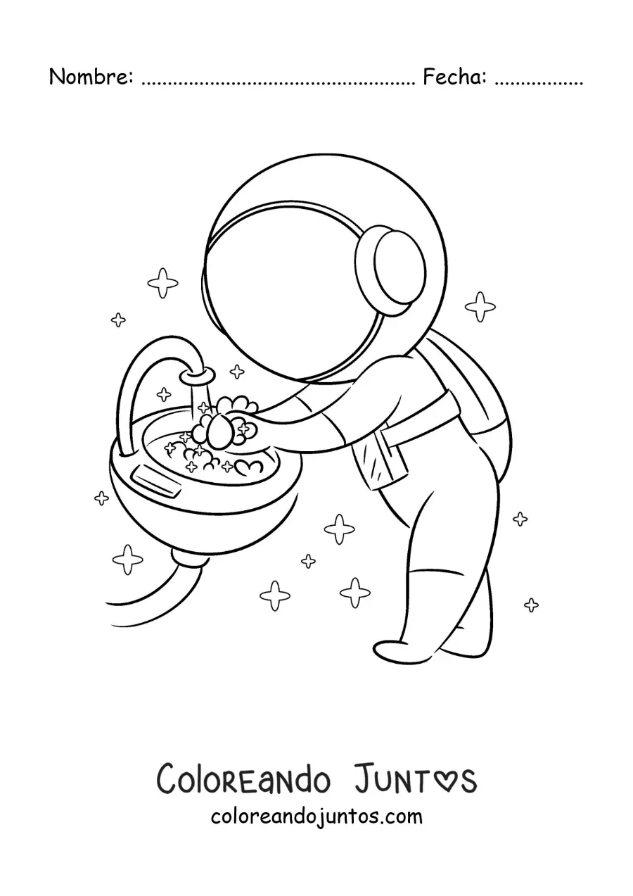 Imagen para colorear de un astronauta animado lavando sus manos