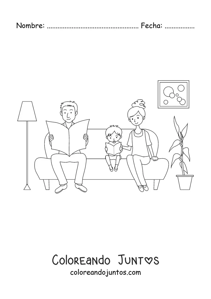 Imagen para colorear de una mamá y un papá sentados en el sofá junto al hijo pequeño