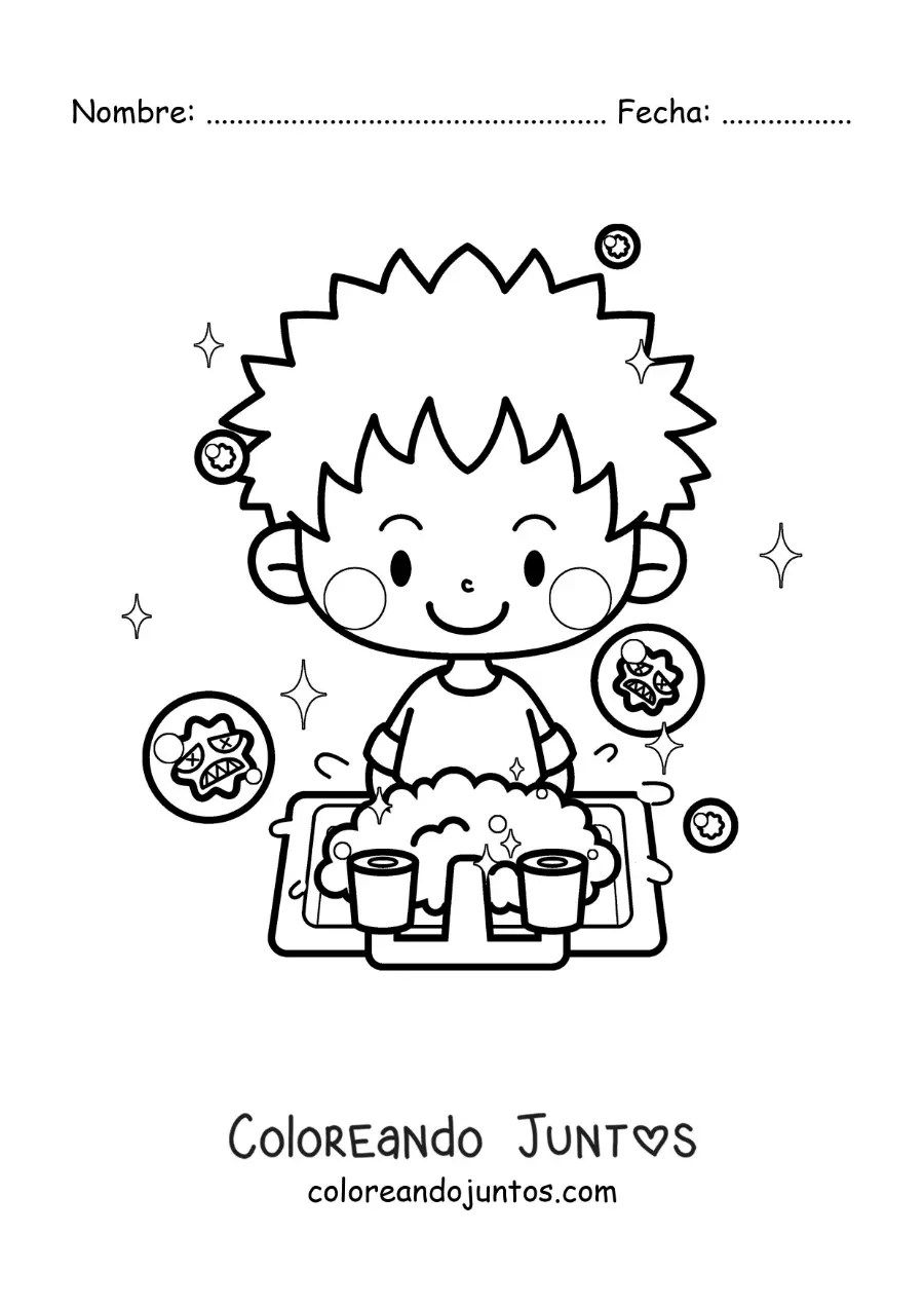 Imagen para colorear de un niño kawaii lavando sus manos para prevenir los virus