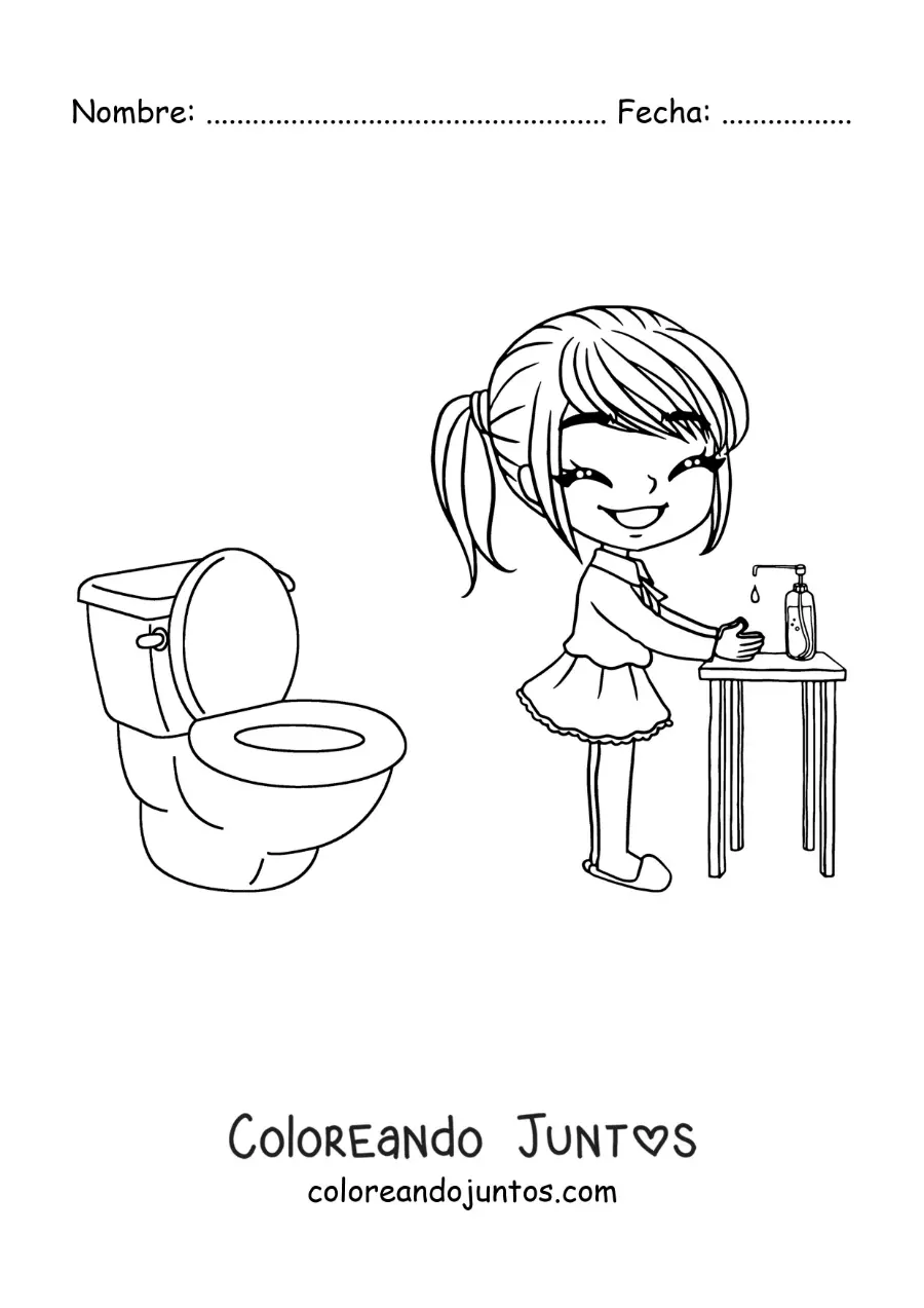 Imagen para colorear de una niña lavando sus manos después de ir al baño