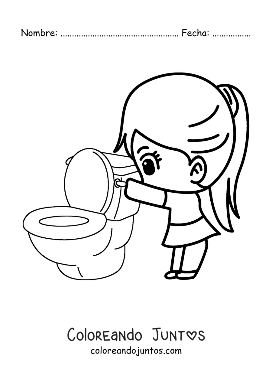 Imagen para colorear de una niña bajando la palanca del inodoro del baño