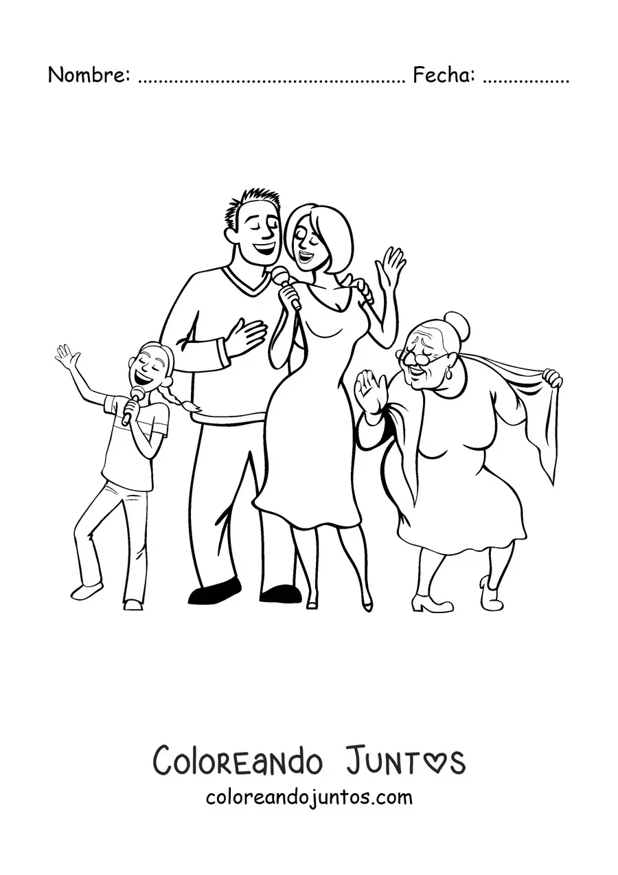 Imagen para colorear de una familia disfrutando con la abuela bailando a un lado