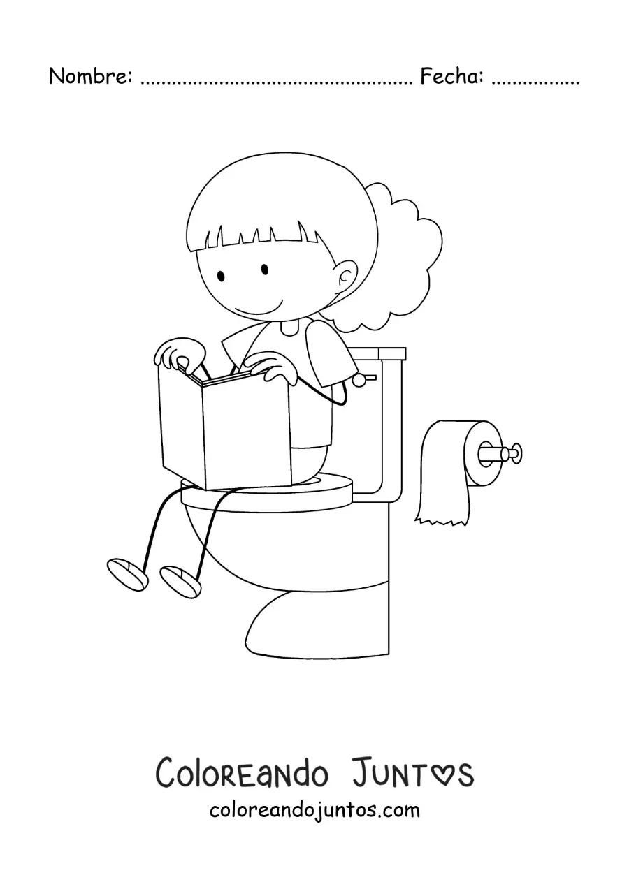Imagen para colorear de una niña sentada en el retrete leyendo un libro