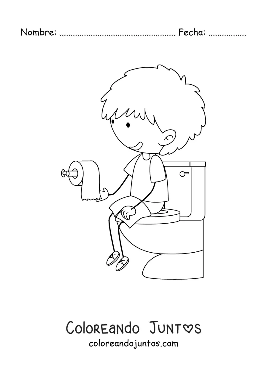 Imagen para colorear de un niño sentado en el inodoro con papel de baño