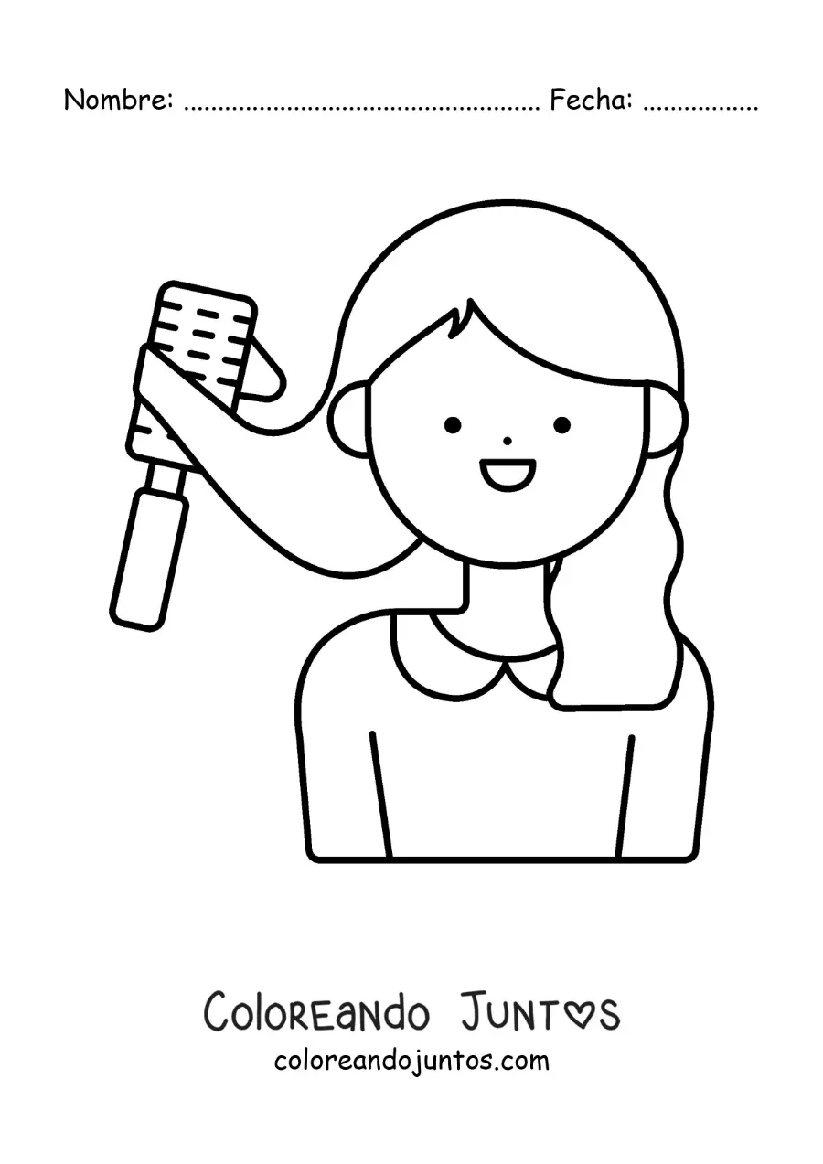 Imagen para colorear de una niña peinando su cabello con un cepillo