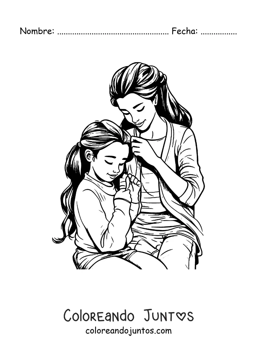 Imagen para colorear de una madre peinando el cabello de su hija