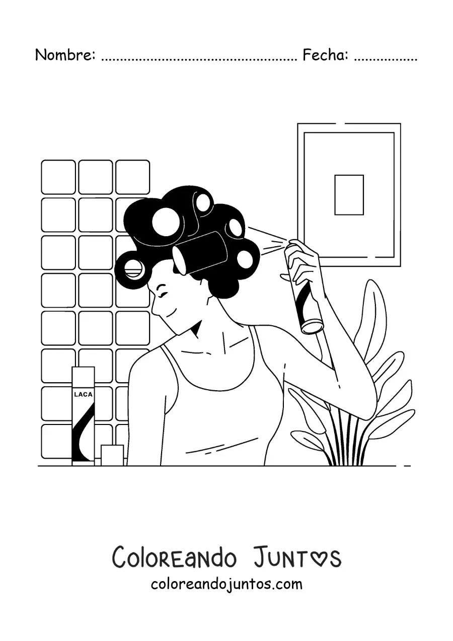 Imagen para colorear de una mujer peinando su cabello con laca