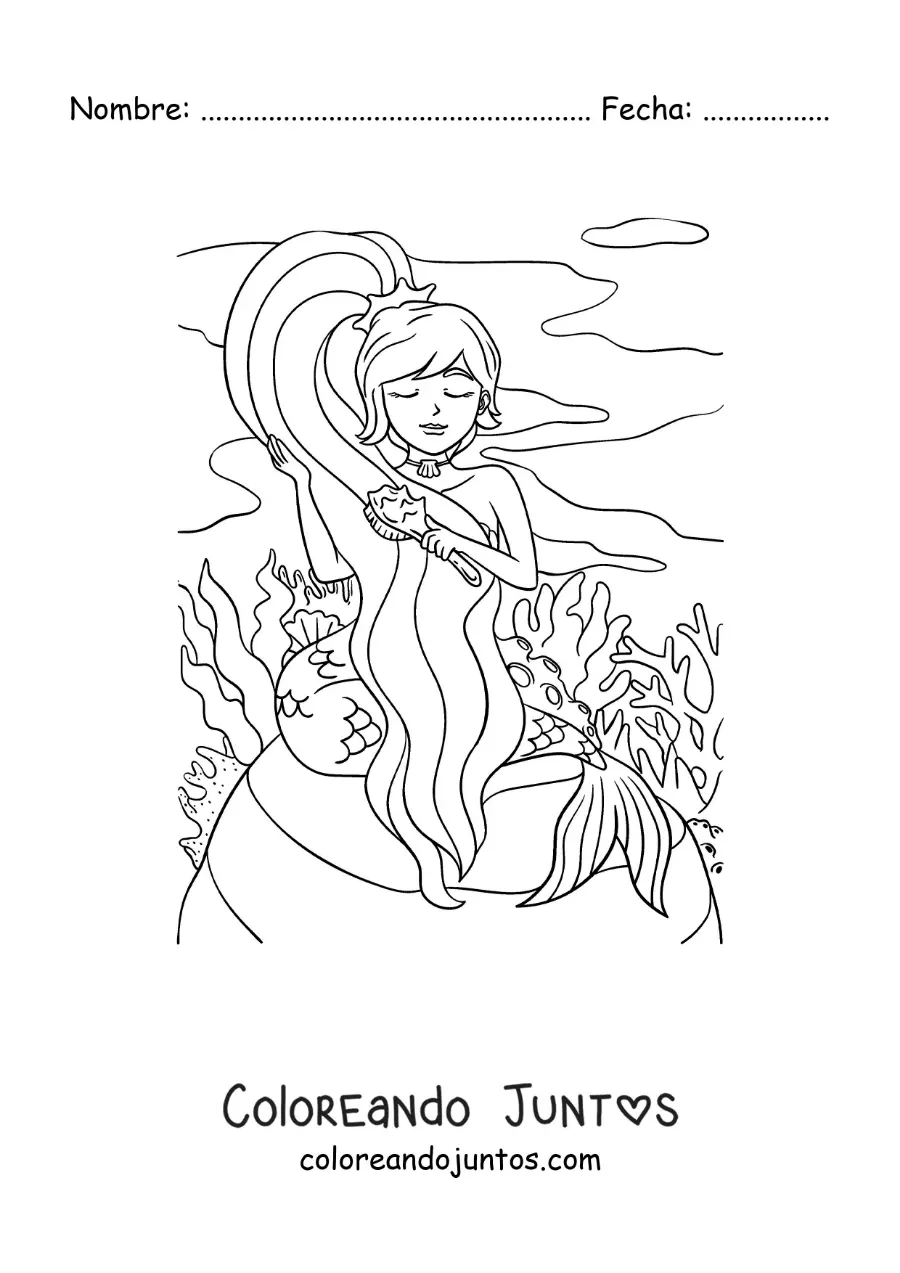 Imagen para colorear de una sirena animada peinando su cabello